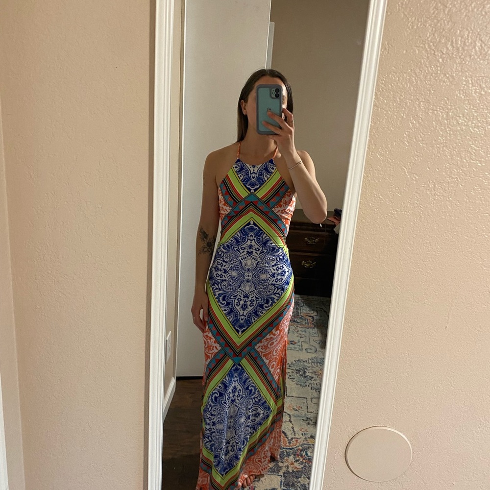 Blue and Green Halter Neck Maxi Dress